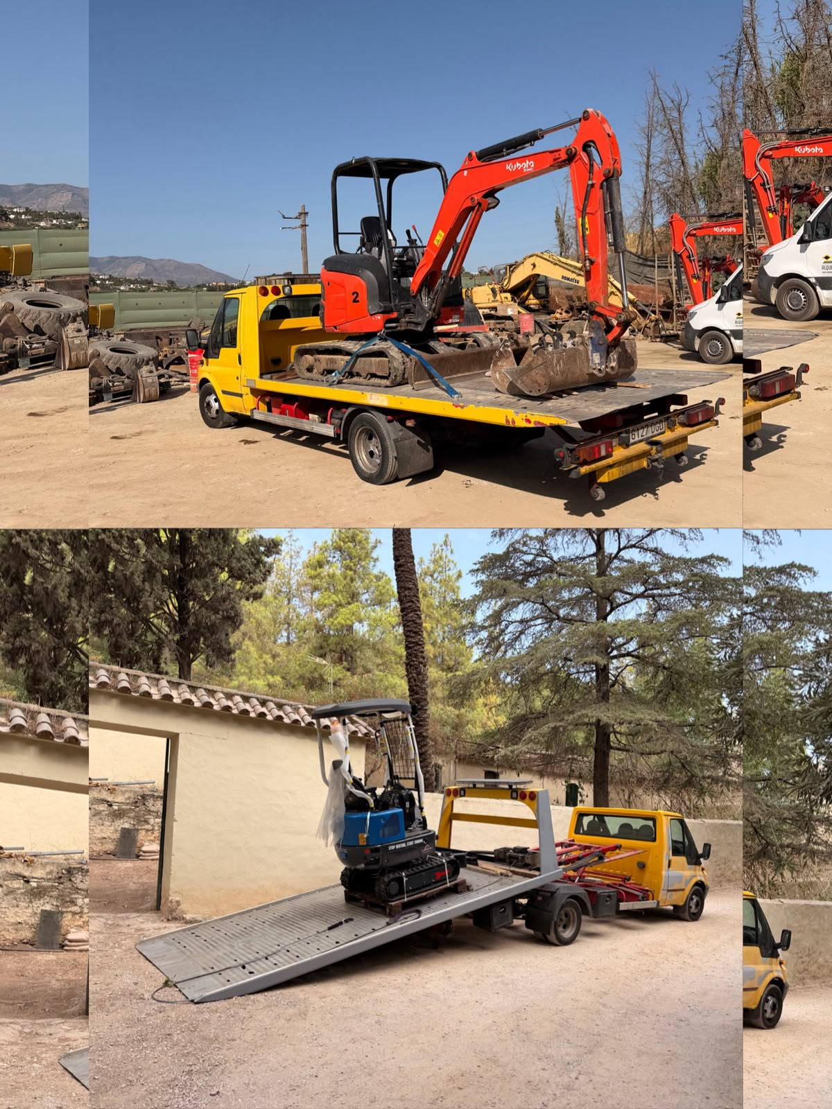 Grúa transportando maquinaria y mini excavadoras